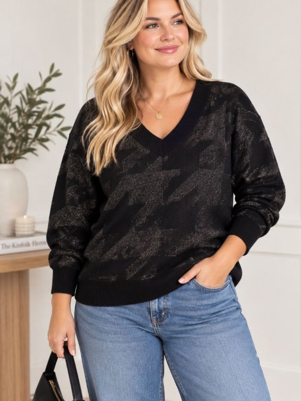 Beach Riot Joey Metallic Houndstooth V-Neck Sweater Women’s L Glam Preppy